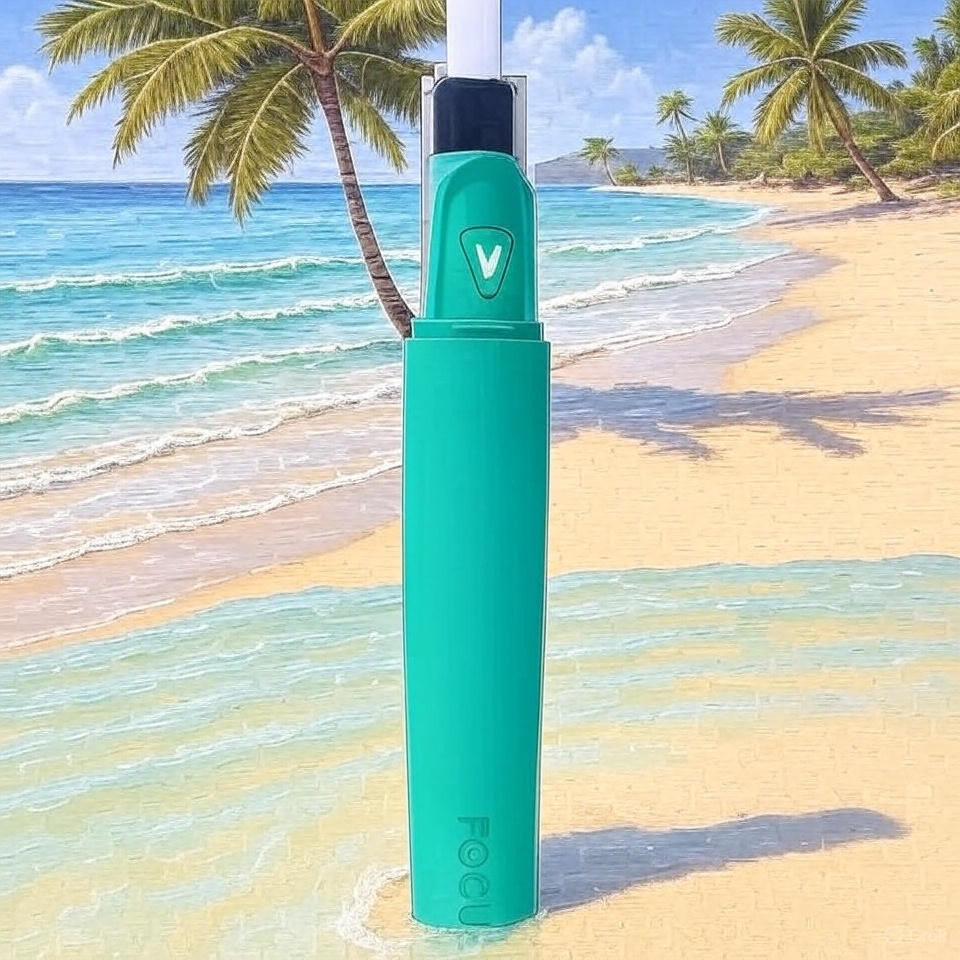Focus V Saber electric dab tool in limited edition teal colorway displayed on black background with LED light tip and ergonomic grip