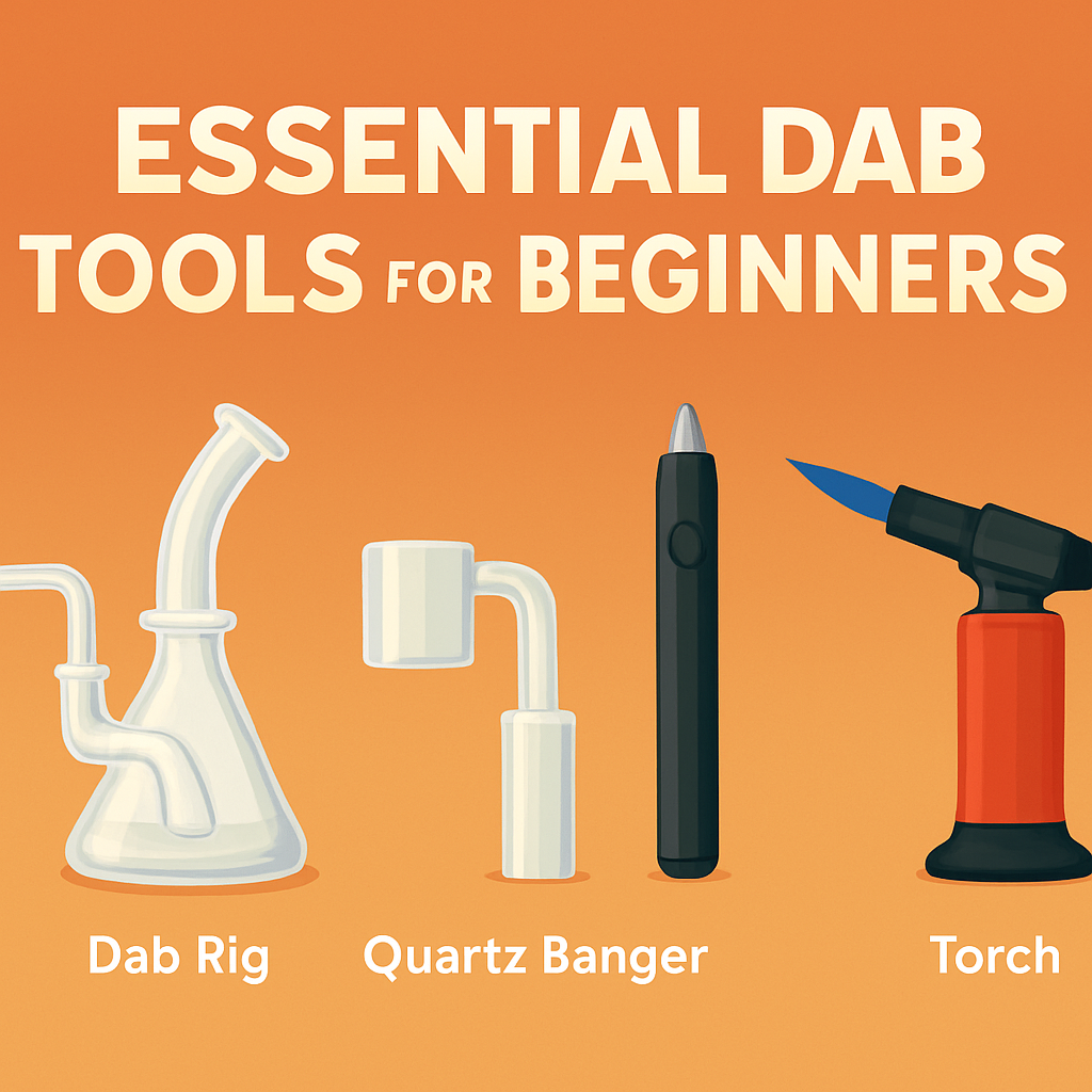 Illustration of essential dab tools for beginners, featuring a flat-lay of a dab rig, carb cap, torch, silicone container, and electronic dab tool on a clean, minimalist background.