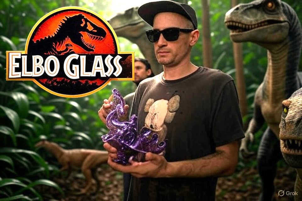 Elbo holding a hand-blown glass dinosaur sculpture – iconic heady glass artist showcasing collectible functional art