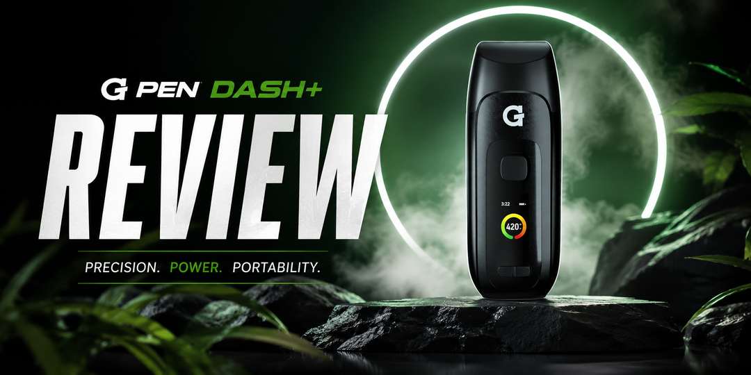 G Pen Dash+ Review hero image featuring the G Pen Dash Plus dry herb vaporizer in a cinematic green-lit scene with dramatic smoke, glowing halo lighting, and bold review text highlighting its portability, power, and precision.