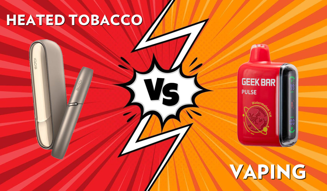 Side-by-side comparison of a vaping device and a heated tobacco device with labeled features