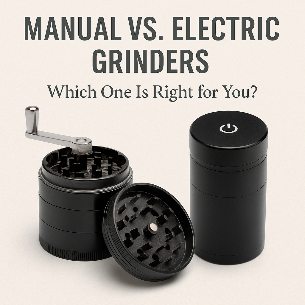 Side-by-side comparison of a manual herb grinder with crank handle and an electric herb grinder with power button, shown beneath the title 'Manual vs. Electric Grinders – Which One Is Right for You?' on a light background