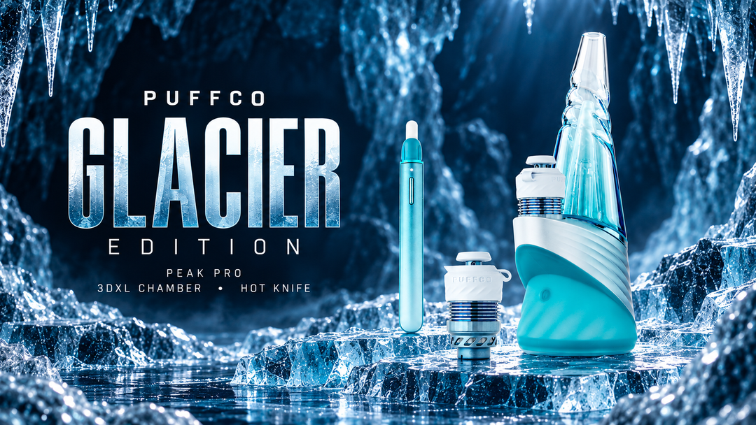 Puffco Glacier limited edition hero image with an ice cavern backdrop, for the Glacier Peak Pro 3DXL drop at Angies Boutique