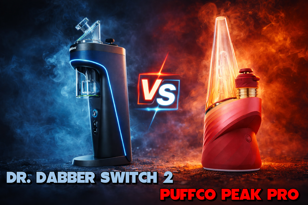 Dr Dabber Switch 2 vs Puffco Peak Pro smart e-rig comparison showing both premium concentrate vaporizers side-by-side with blue and red lighting highlighting design and performance differences