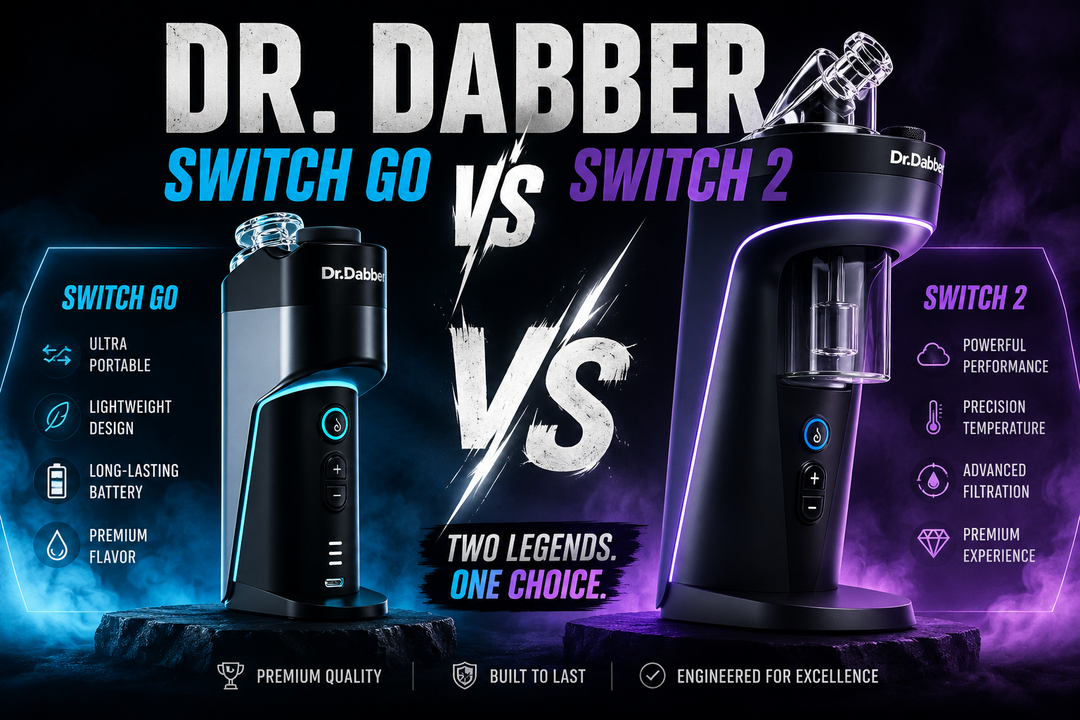 Dr. Dabber Switch Go vs Switch 2 comparison hero image featuring portable mini e-rig and full-size smart rig with side-by-side performance, battery life, and vapor production differences