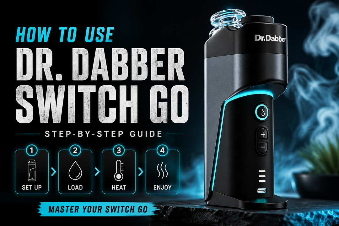 Dr. Dabber Switch Go portable e-rig step-by-step setup guide showing compact concentrate vaporizer, travel-ready design, and beginner-friendly operation for smooth vapor production