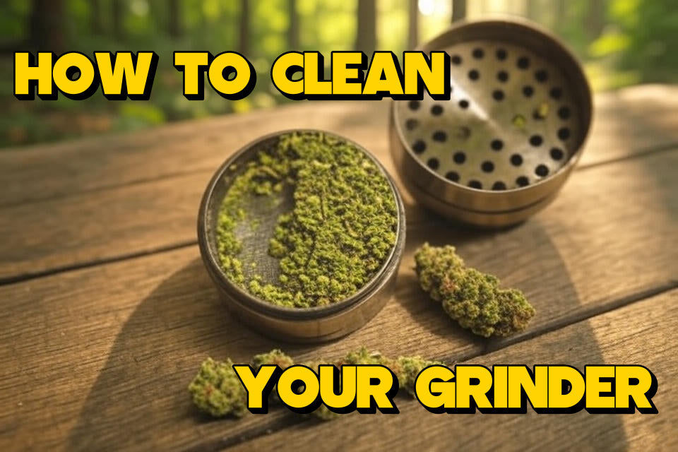 Used metal herb grinder with resin buildup and text overlay reading ‘How to Clean Your Grinder’ – step-by-step cannabis accessory maintenance visual