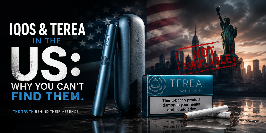 IQOS ILUMA device and TEREA pack against a US flag and city skyline with a NOT AVAILABLE stamp