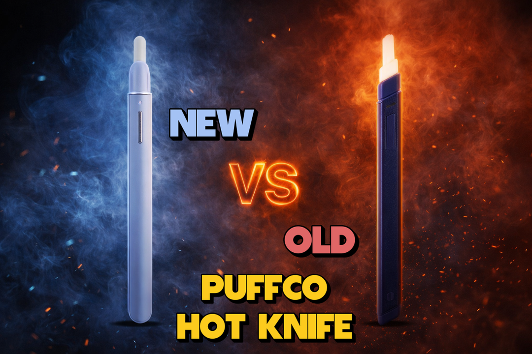 New Puffco Hot Knife vs old Hot Knife comparison showing design upgrades, improved battery life, precision heated loading tool differences and new colorways for Puffco Hot Knife 2026 upgrade guide