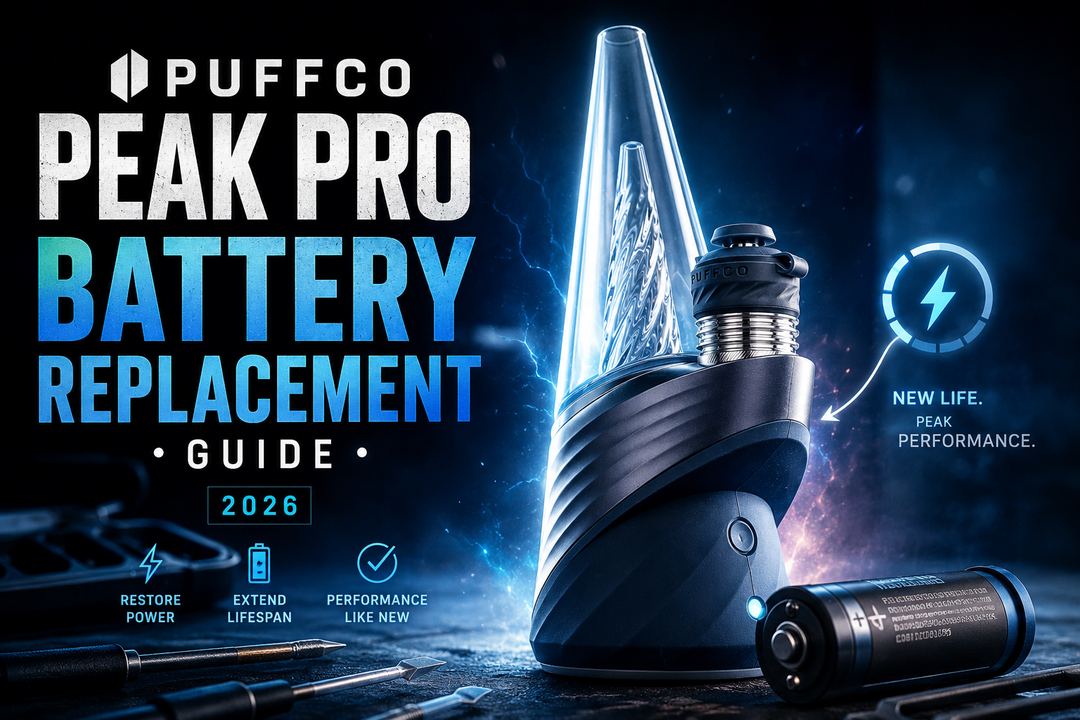 Puffco Peak Pro vaporizer beside a removed 18650 lithium battery, with a precision screwdriver and pry tool — Peak Pro battery replacement guide hero, 2026.