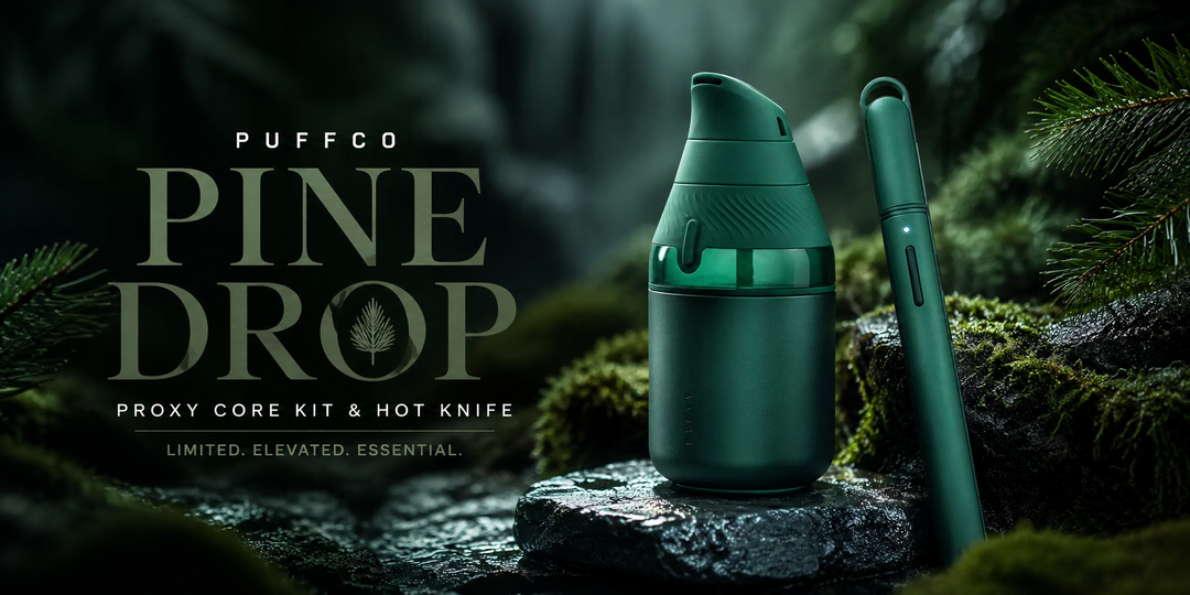Puffco Pine Drop — Proxy Core Kit and Hot Knife in deep green on wet moss-covered stone in a dark forest