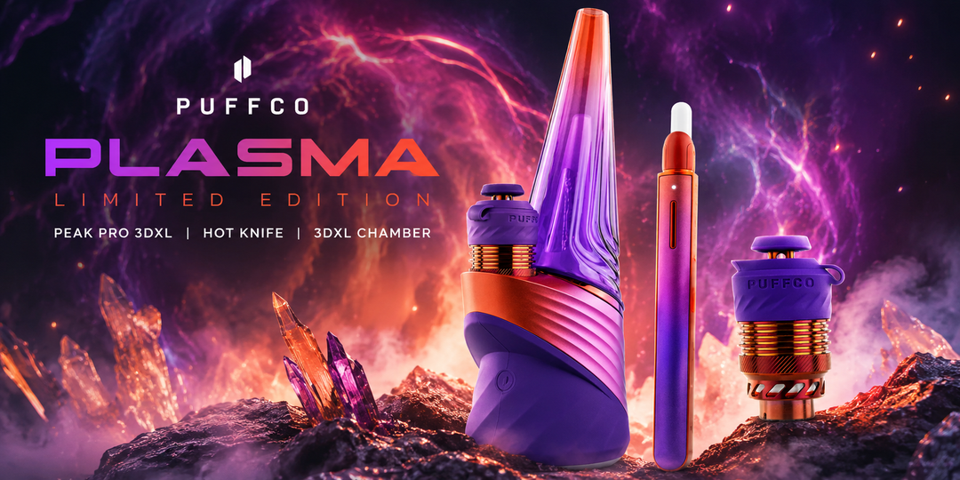 Puffco Plasma limited-edition drop — Peak Pro smart e-rig, Hot Knife, and 3DXL Chamber in the iridescent Plasma colorway