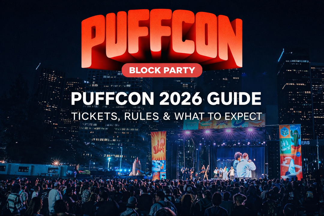 Puffcon Block Party event crowd and stage in Los Angeles featuring the new Puffcon logo – guide to Puffcon 2026 tickets rules and what to expect at Puffco’s annual festival