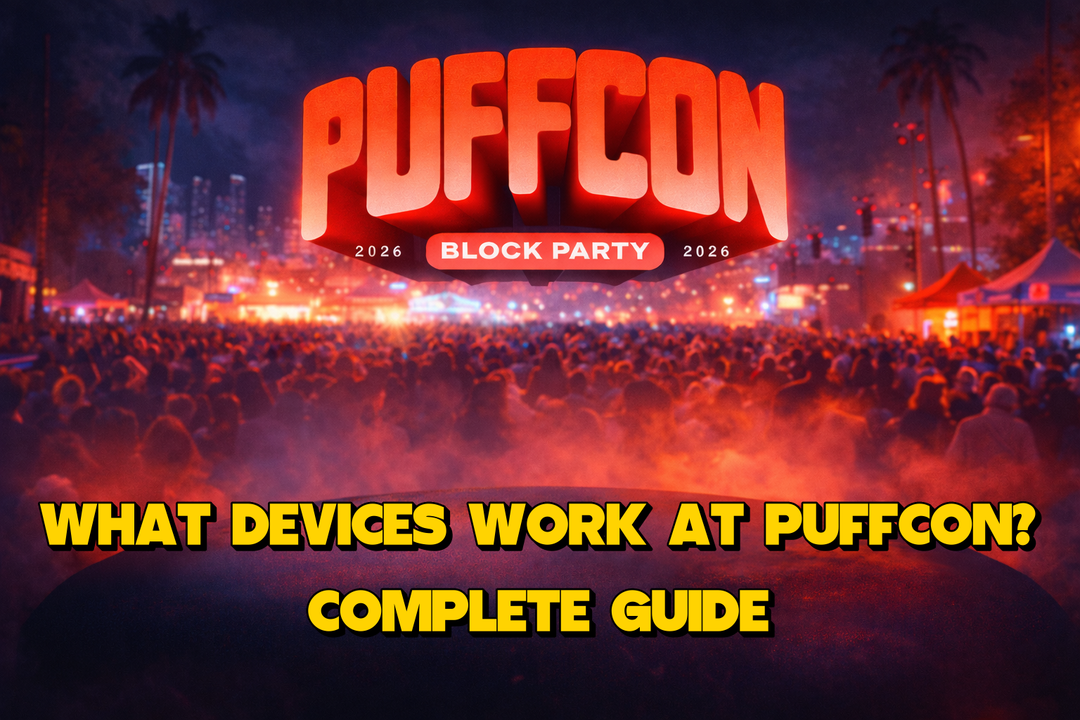 Puffcon 2026 block party crowd at night with illuminated Puffcon logo and festival lights — official Puffco event where approved devices are used.