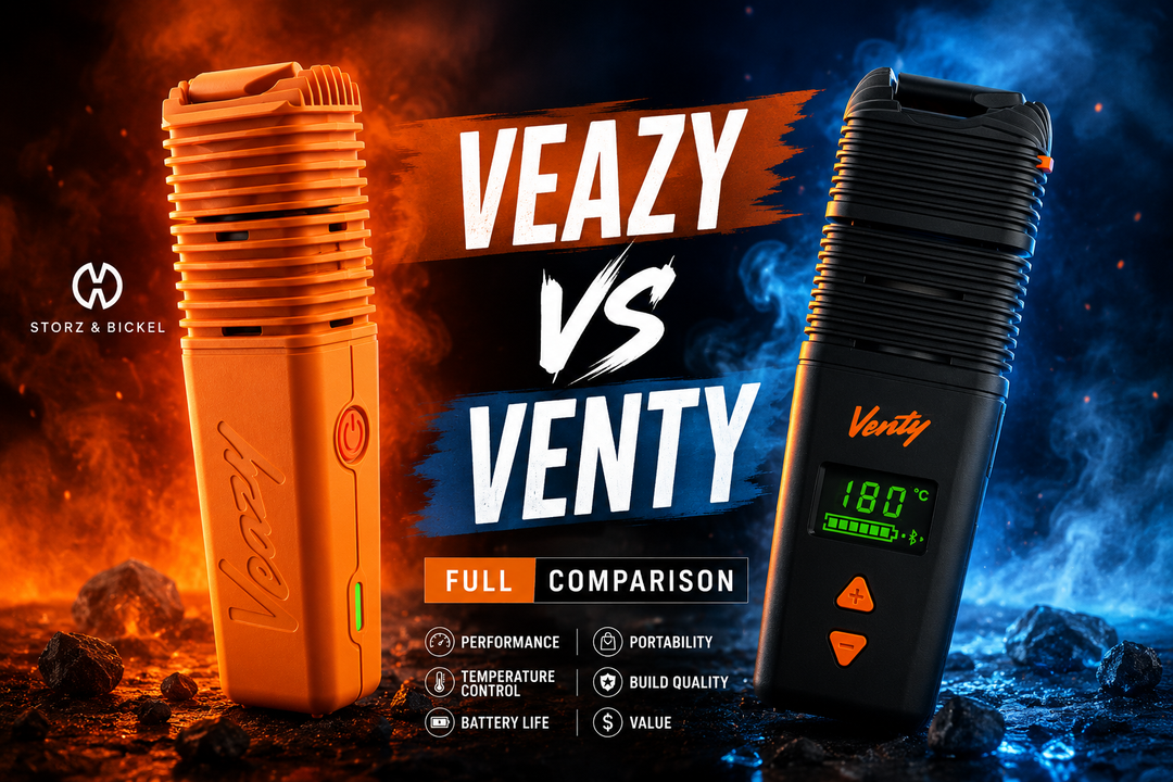 Storz & Bickel Veazy vs Venty comparison hero image featuring the orange Veazy vaporizer and black Venty portable dry herb vaporizer in a cinematic fire and ice showdown.
