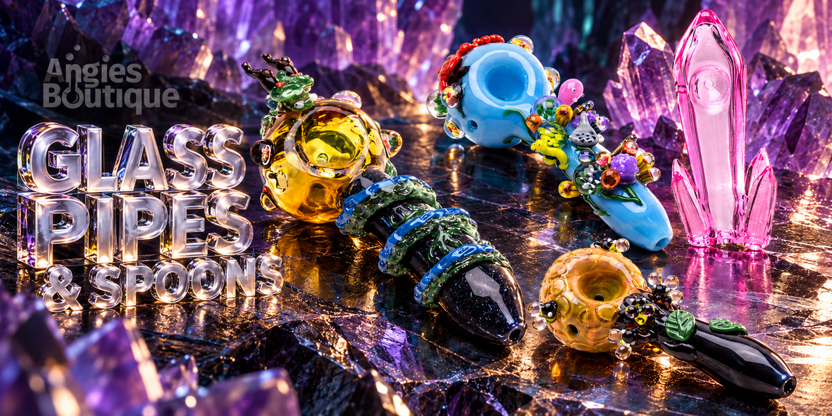 Glass pipes and spoons: an amber frog spoon, a sky blue flower spoon, a honeycomb spoon and a pink crystal pipe on amethyst
