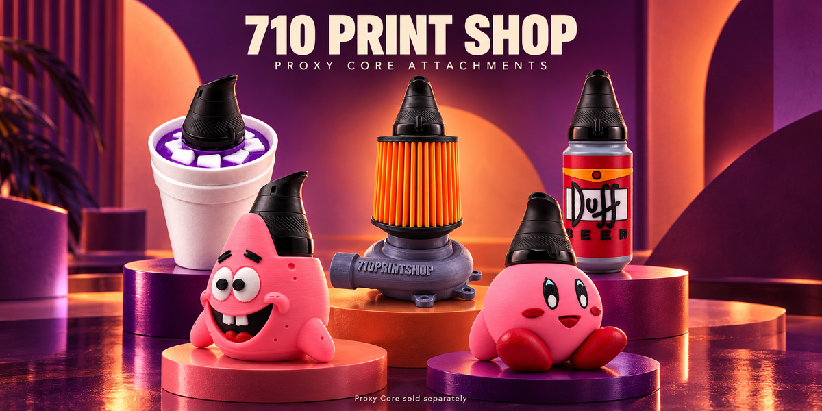 710 Print Shop Proxy Core attachments: Double Cup, Patrick, Turbo, Duff Can and Kirby on purple pedestals