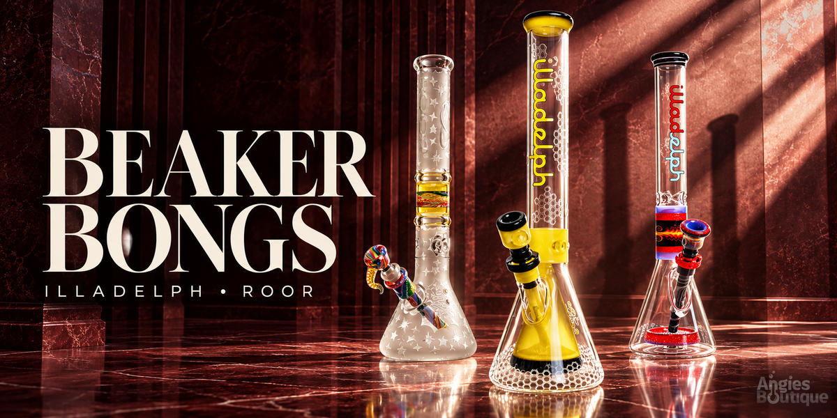 Illadelph and ROOR beaker bongs: a frosted star-pattern beaker, a yellow Illadelph beaker and a red-accent Illadelph beaker