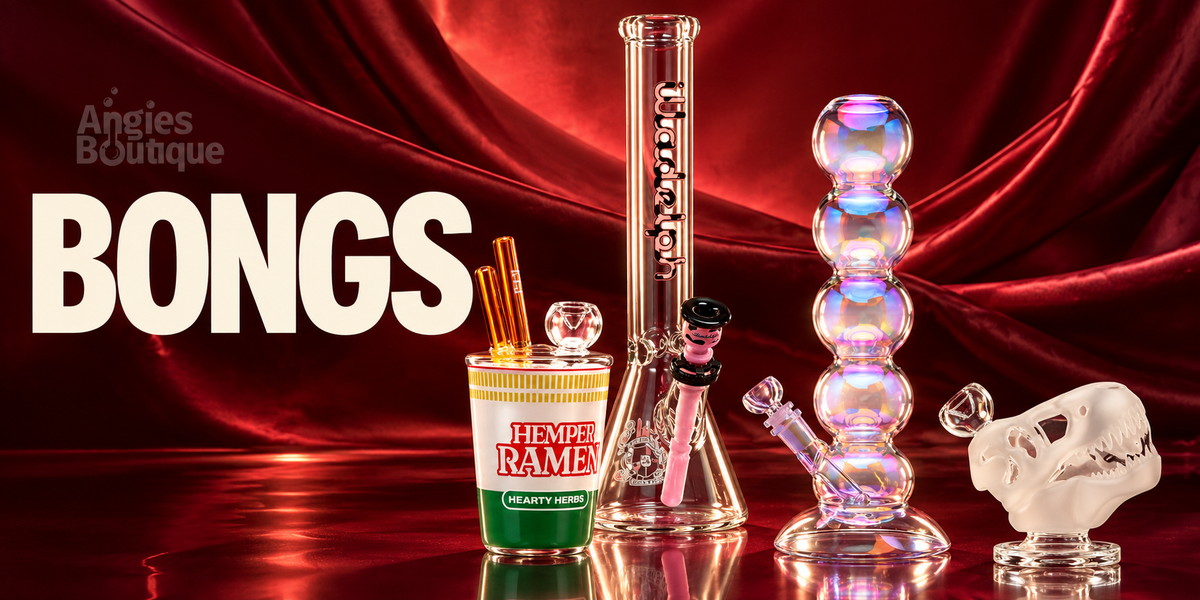 Bongs: a Hemper Ramen Cup bong, an Illadelph beaker, a BigFun! iridescent Bubble Bong and a frosted dinosaur skull bong