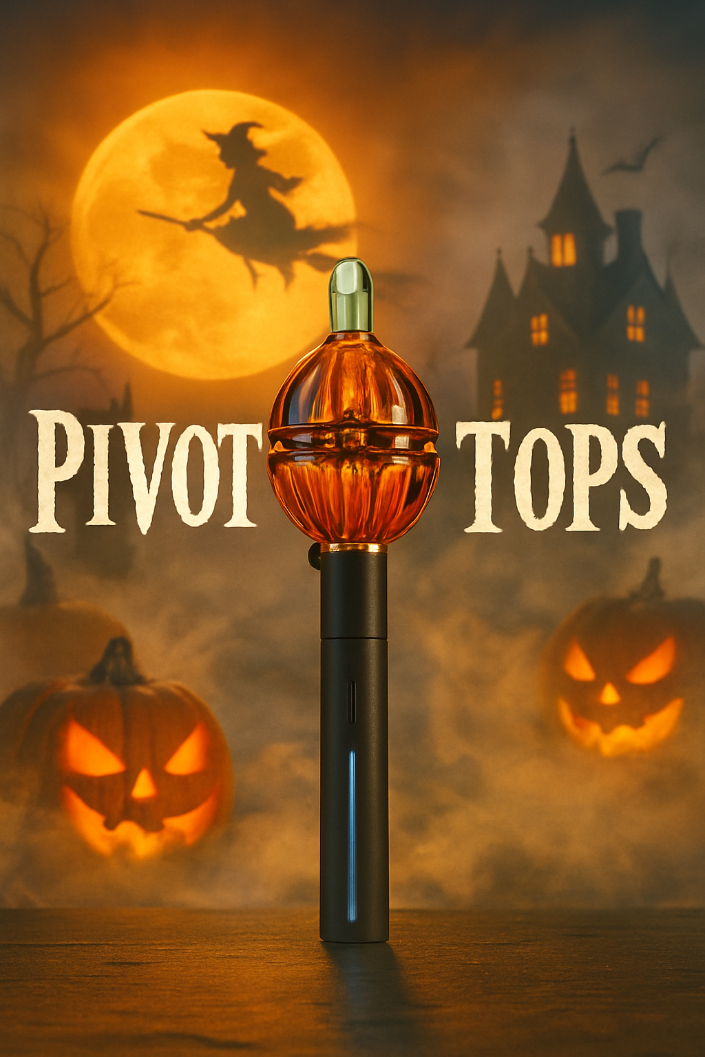 Spooky Halloween hero image featuring a hand-blown borosilicate glass Pivot Top glowing like a pumpkin on a Puffco Pivot vaporizer, with jack-o’-lanterns, a haunted house, and a witch under a full moon – Pivot Tops Collection.