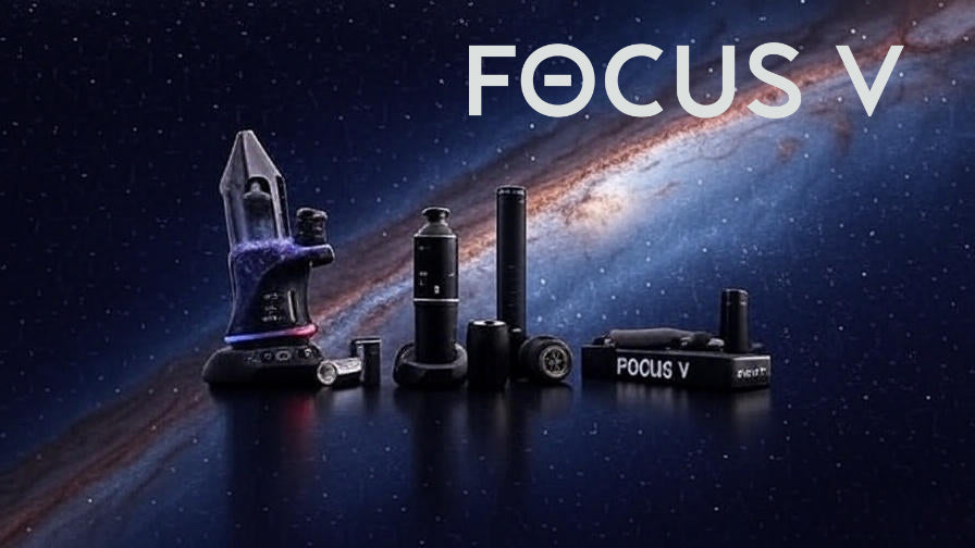 Focus V collection featuring Saber electric dab tool, Aeris pocket vaporizer, and Carta 2 smart rig on a intergalactic space background