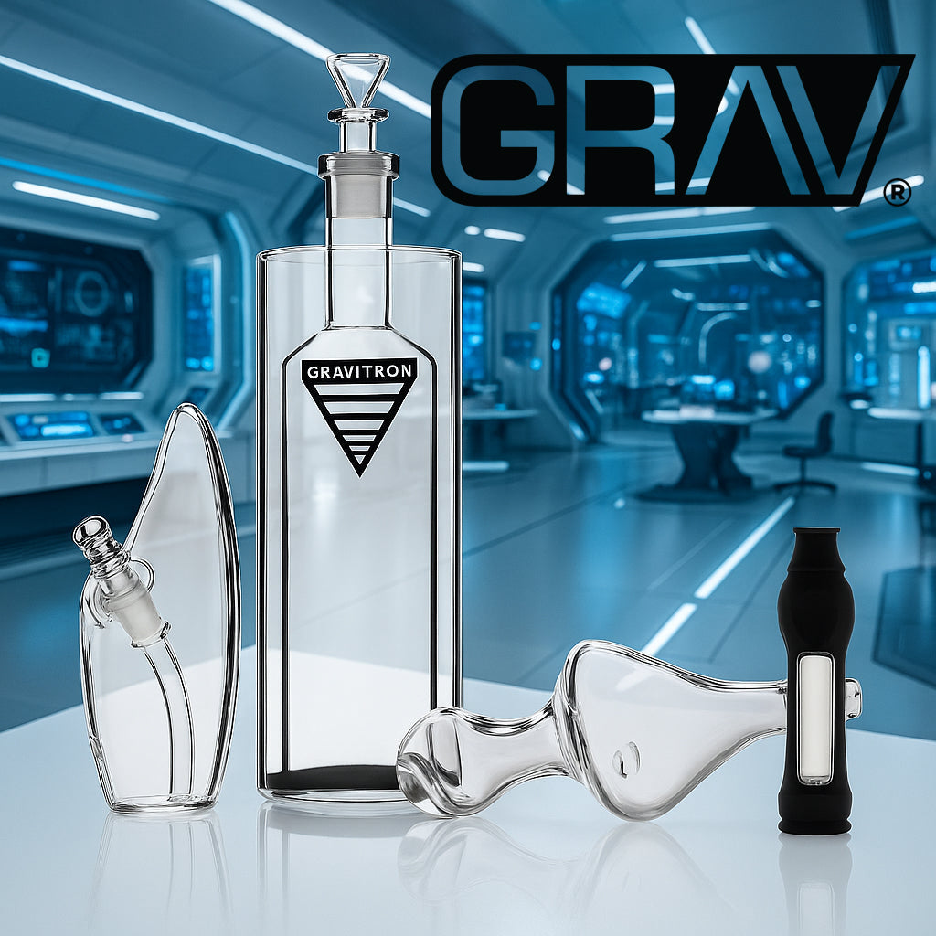 Grav Glass collection featuring premium scientific-grade glass pieces including the iconic Gravitron bottle, curved water pipe, and black vaporizer — shop the best Grav glass smoking accessories and scientific water pipes online.