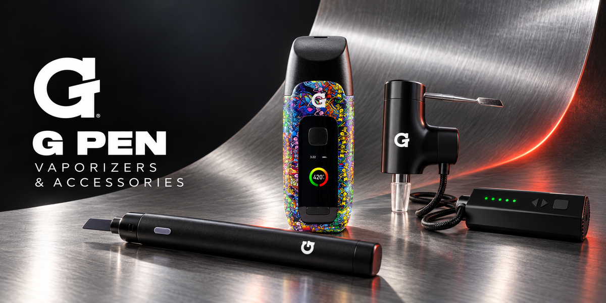 G Pen vaporizers and accessories: a dry herb vaporizer with a color display, the G Pen Connect and a heated dab tool