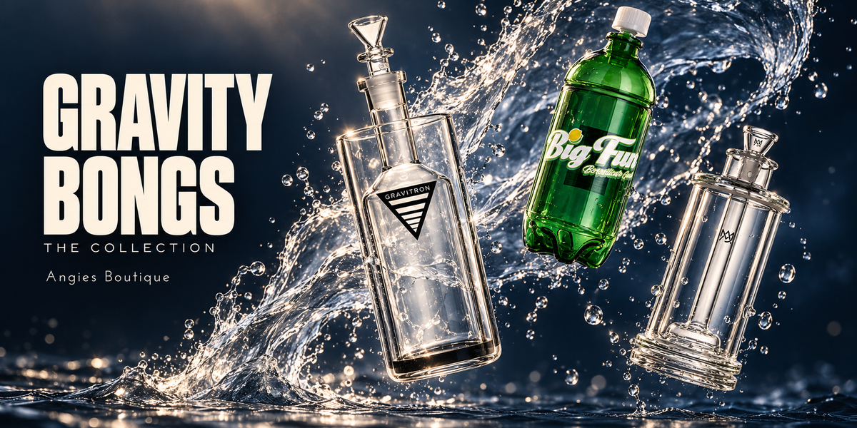 Three gravity bongs in a splash of water: two clear glass bucket-style bongs and a green BigFun! soda bottle bong