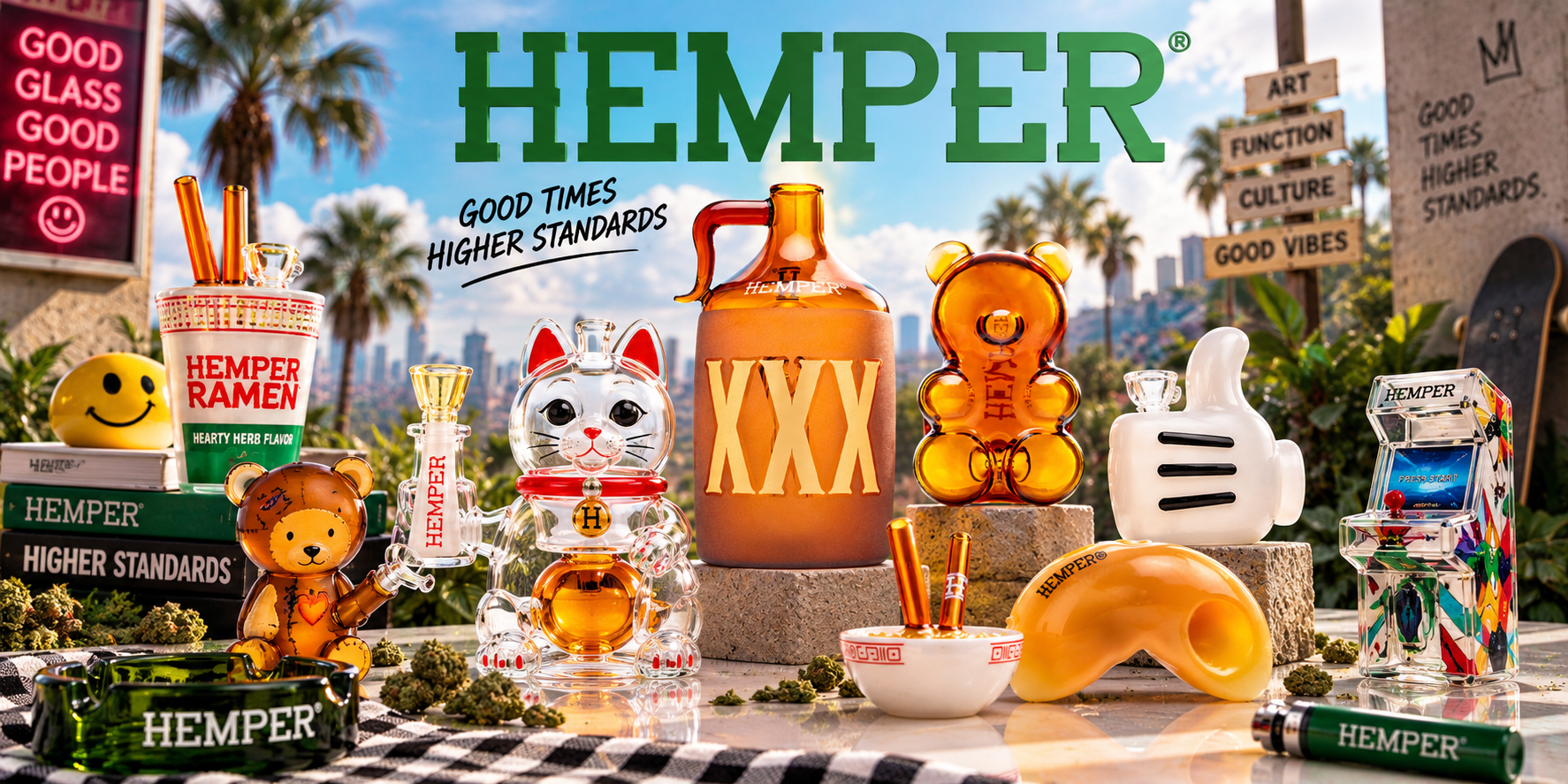 Hemper novelty glass collection at Angies Boutique — Balloon Dog, Chinese Takeout, Ramen, and Gummy Bear bongs, hand pipes, and Puffco Peak Tops