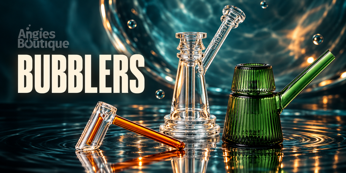 Glass bubblers: an amber-handled hammer bubbler, a tall clear bubbler and a green ribbed art deco bubbler on rippling water