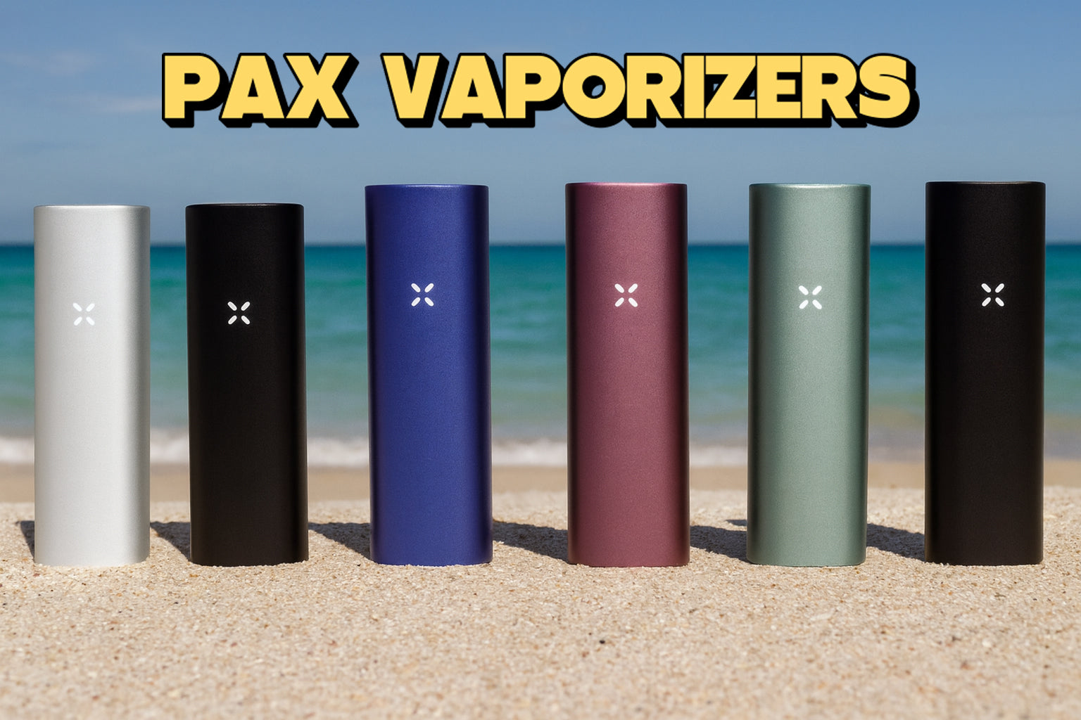 PAX Vaporizers lineup on the beach – PAX Flow, PAX Mini, and PAX Plus portable dry herb vaporizers in multiple colors