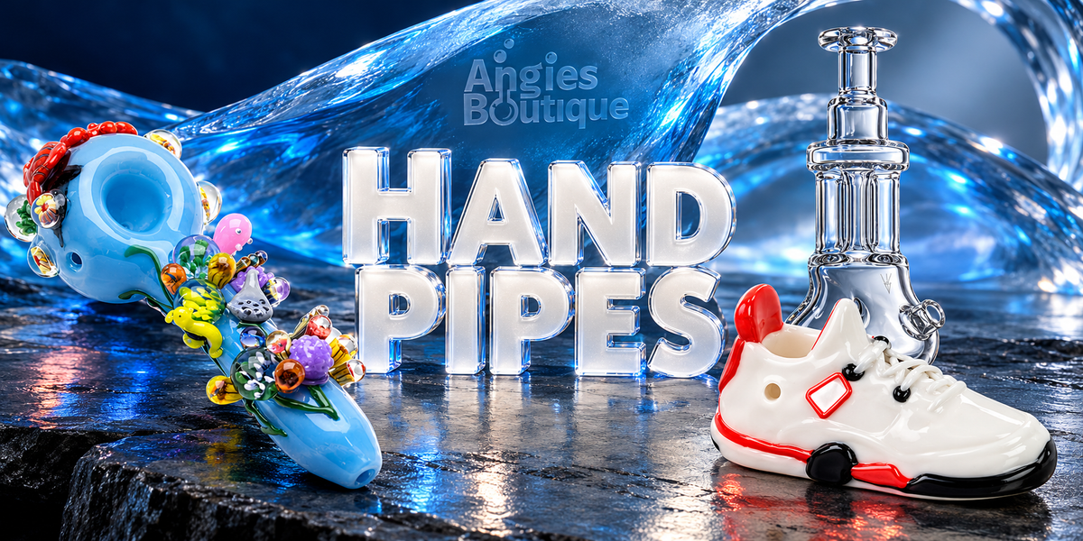 Hand pipes: a sky blue spoon pipe covered in sculpted glass flowers and a white and red glass sneaker pipe