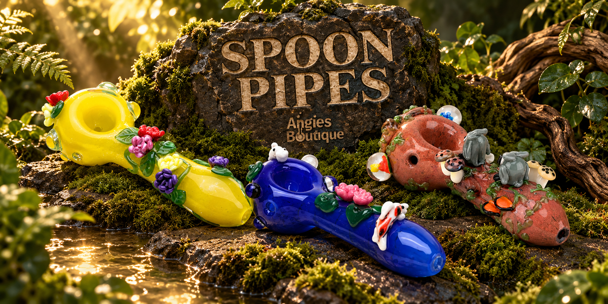 Spoon pipes: yellow, cobalt blue and terracotta glass spoons decorated with sculpted flowers and tiny animals on moss