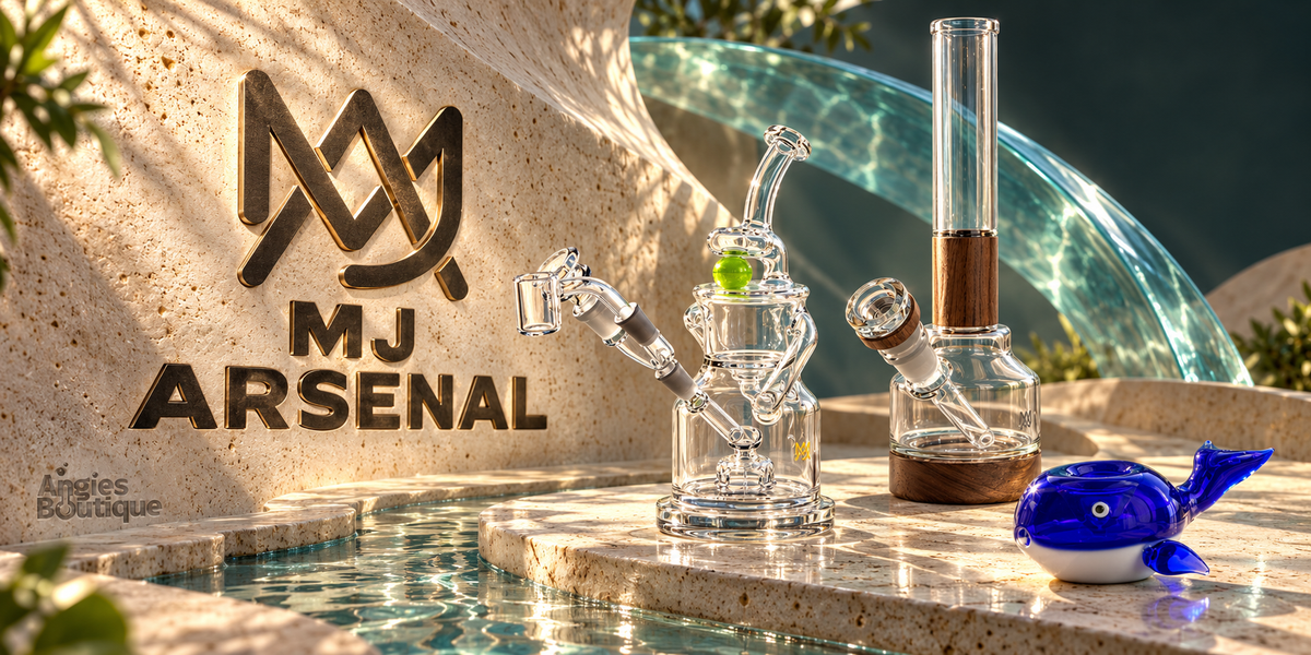 MJ Arsenal glass: a clear recycler mini rig, an Alpine wood and glass water pipe and a blue Moby whale hand pipe