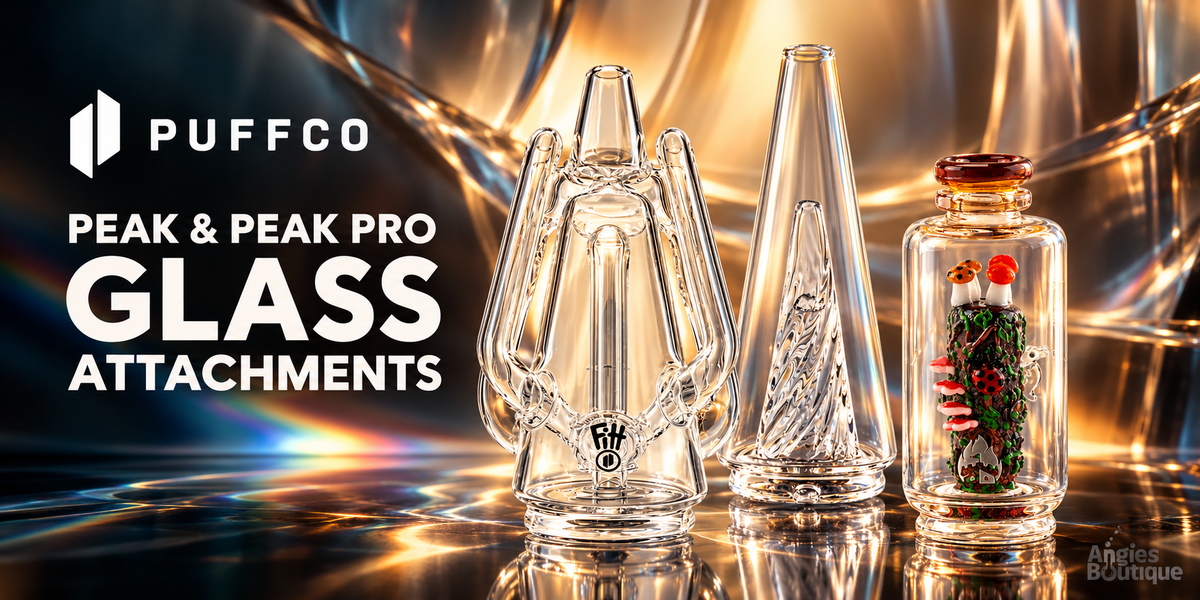 Puffco Peak and Peak Pro glass attachments: clear Puffco Peak glass, a spiral glass top and a mushroom heady artist top