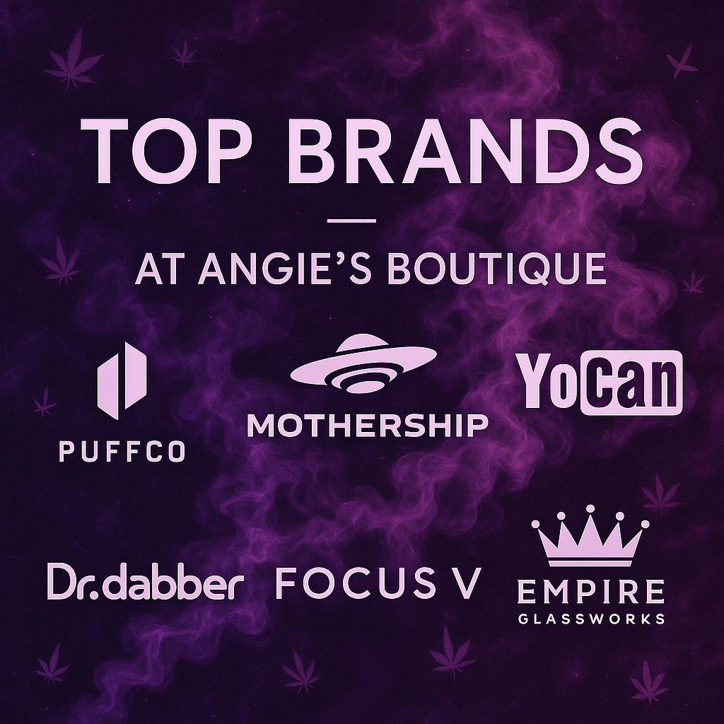 Logo collage of brands carried at Angies Boutique including Puffco, Mothership, Yocan, Dr. Dabber, Focus V, and Empire Glassworks on a purple smoke background