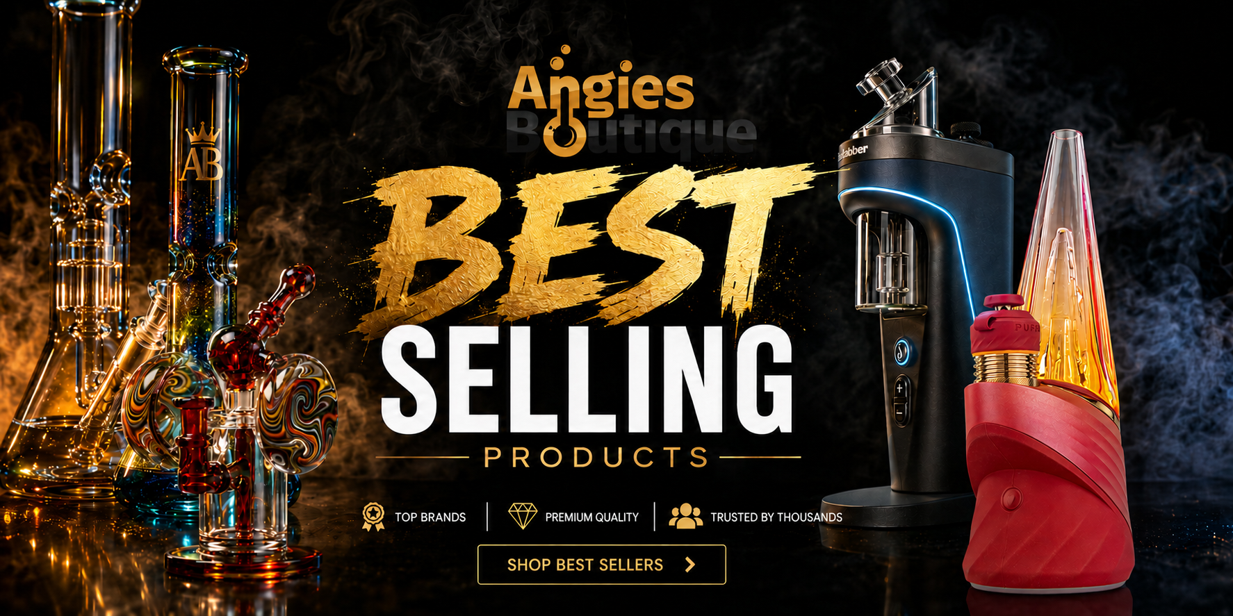 Angies Boutique best selling vaporizers and glass rigs collection banner featuring Puffco and Dr Dabber devices with premium smoke shop accessories