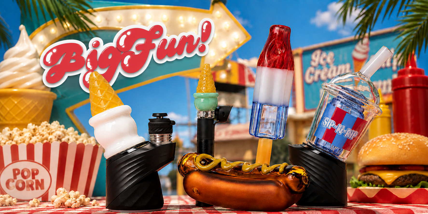 BigFun! hand-blown novelty glass — Ice Cream, Sip N Rip, and Bubble Bong pieces at Angies Boutique