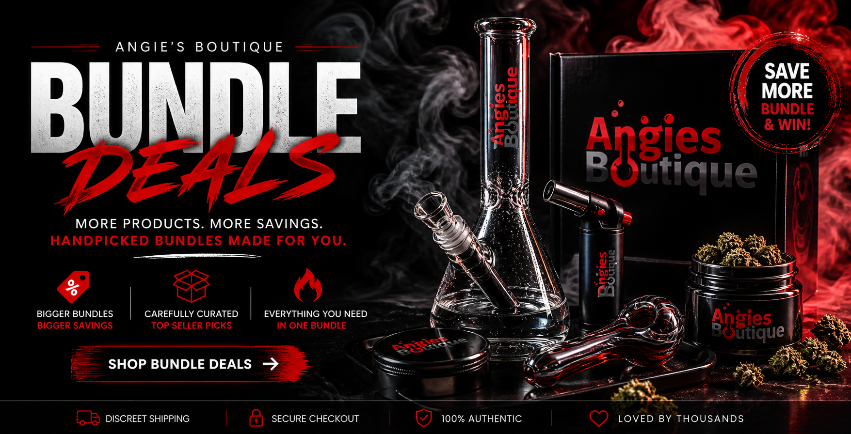 Angies Boutique bundle deals hero image featuring premium glass bong, Puffco-style vaporizer setup, and accessories with red smoke effect, highlighting exclusive discounted bundle sets for vaporizers, dab tools, and glass rigs on black background