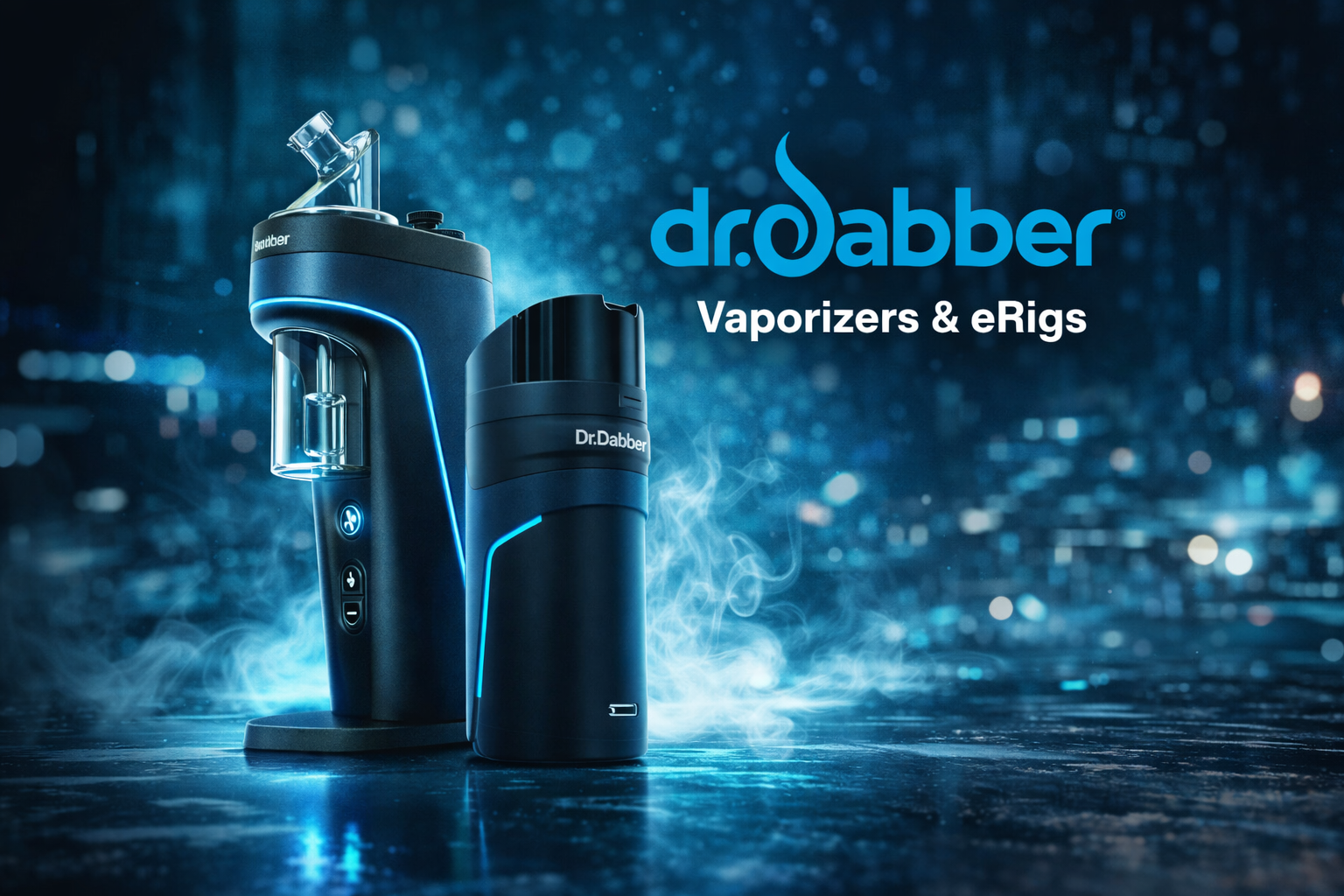 Dr Dabber Switch 2 and Ghost 2 vaporizers with blue LED accents and vapor in cinematic background, premium e rig devices for concentrates collection hero image Angies Boutique