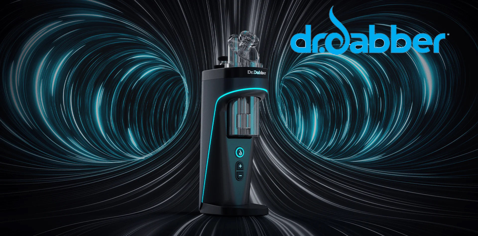 Dr. Dabber vaporizer lineup: Switch² electric rig, XS portable vape, Drop electronic dab rig, and Light concentrate vaporizer displayed in a clean showroom style
