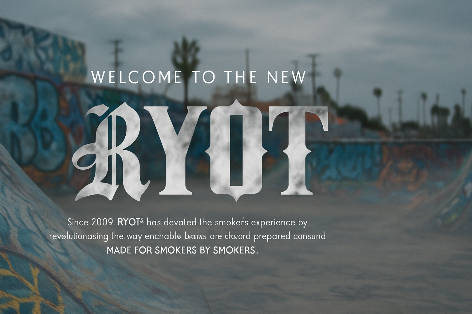RYOT Glass Collection hero image featuring bold gothic RYOT logo over graffiti skatepark background — minimalist street-inspired branding for portable dugouts, grinders, and carry gear.