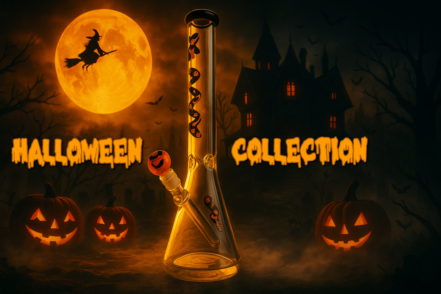 MAV Glass Halloween glass bong with pumpkins, fog, haunted house, and orange moon for Angies Boutique Halloween collection