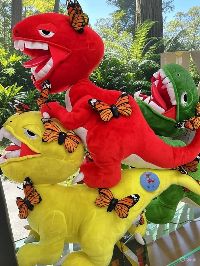 Limited Edition Elbo x FELT Plush Toys in red, yellow, and green with butterfly accents, stacked in a prehistoric forest background, exclusive drop for collectors.