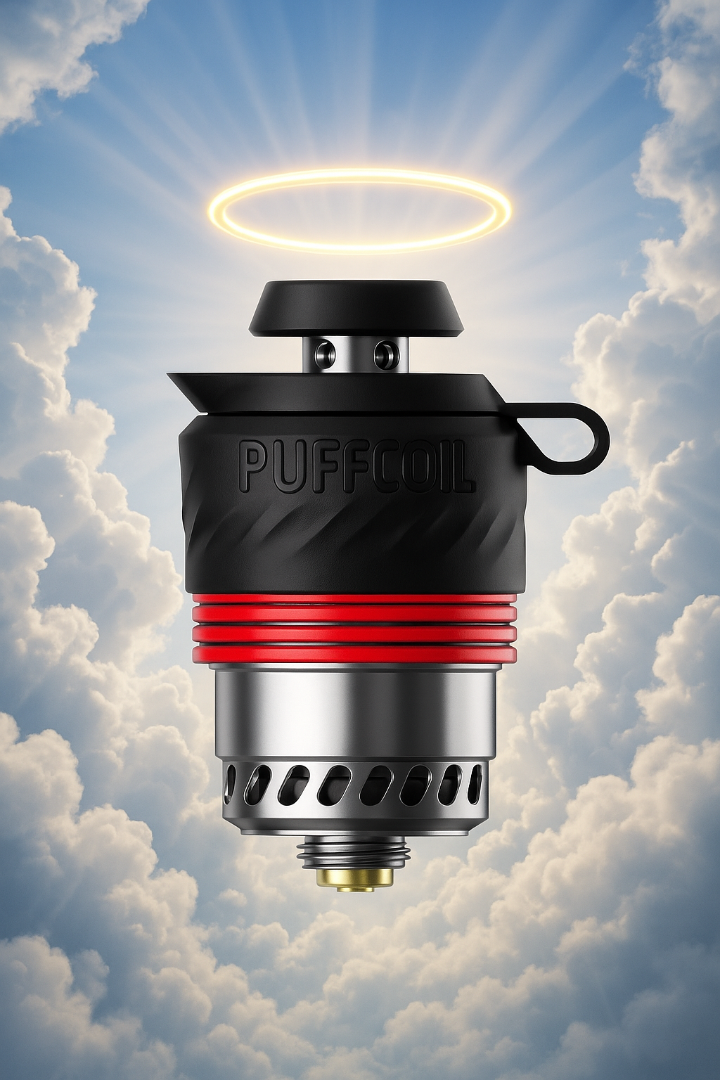 Close-up of Puff Coil Repair 360MAX Peak Atomizer upgrade chamber in the clouds with a halo over top