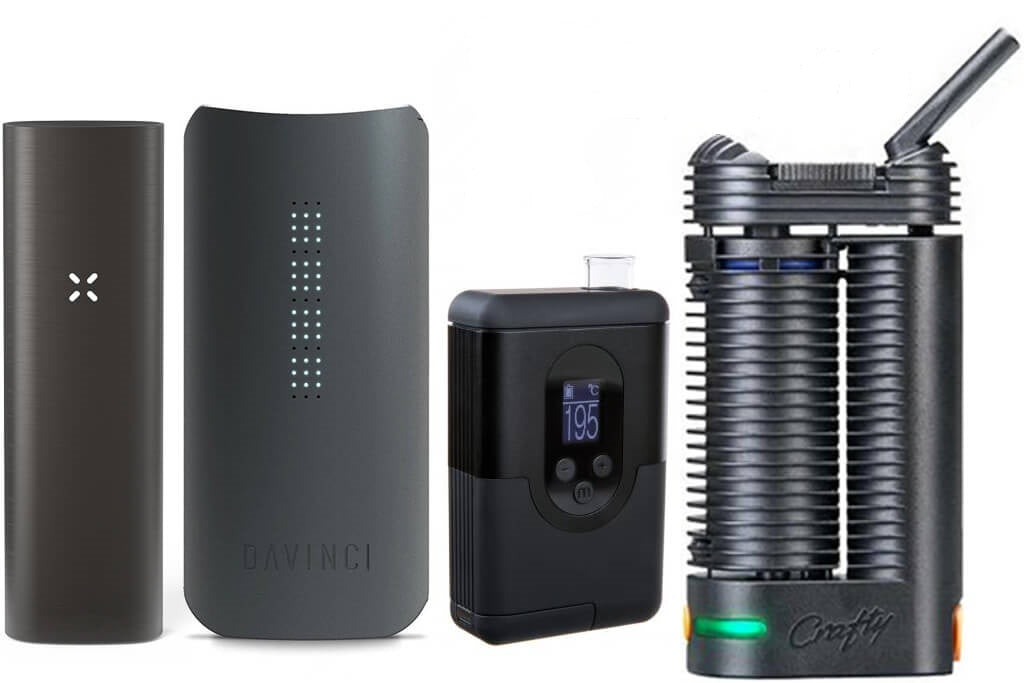 Lineup of portable dry herb vaporizers with temperature controls and glass mouthpieces