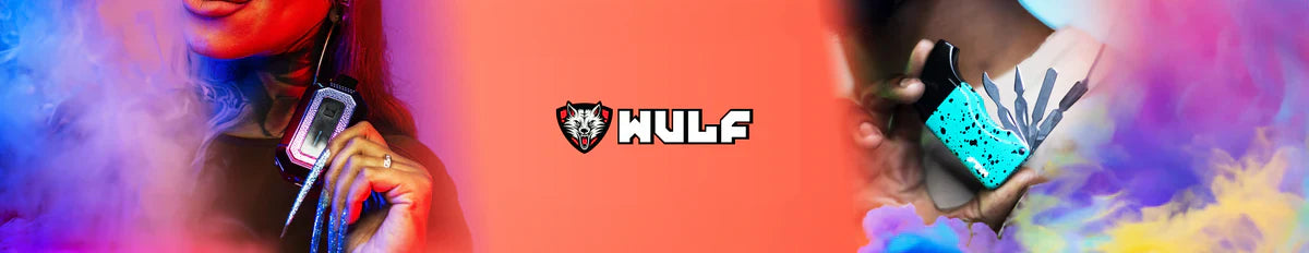 Wulf Mods Collection banner – lifestyle image featuring Wulf Mods vaporizers in hand with colorful smoke background and Wulf logo center.