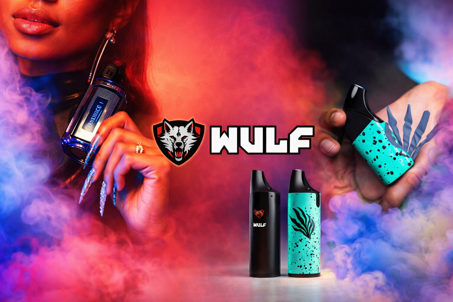 Wulf Mods Collection banner – lifestyle image featuring Wulf Mods vaporizers in hand with colorful smoke background and Wulf logo center.