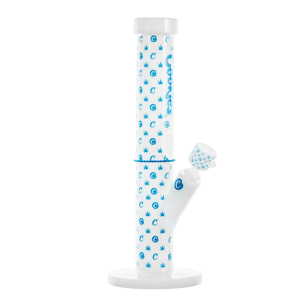 Cookies V Straight water pipe white glass bong with blue logo pattern and angled downstem bowl