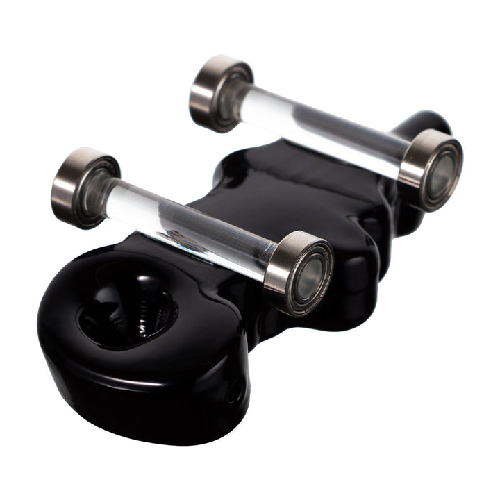 Cookies Toke Deck black skateboard-shaped hand pipe with functional wheels and single hole push bowl bottom view